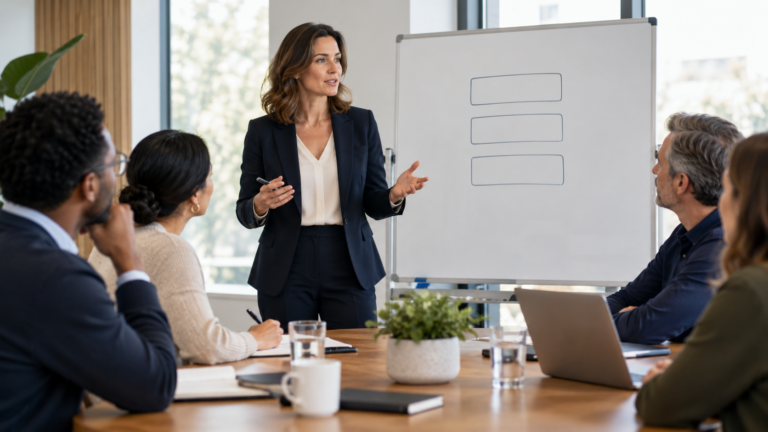 Professional presenter explaining a clear three-part structure to colleagues in a meeting room