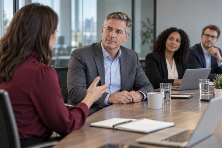 Male presenter listening attentively to a colleague asking a question during a meeting