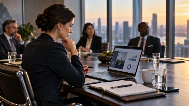 Executive preparing a presentation on a laptop before a boardroom meeting