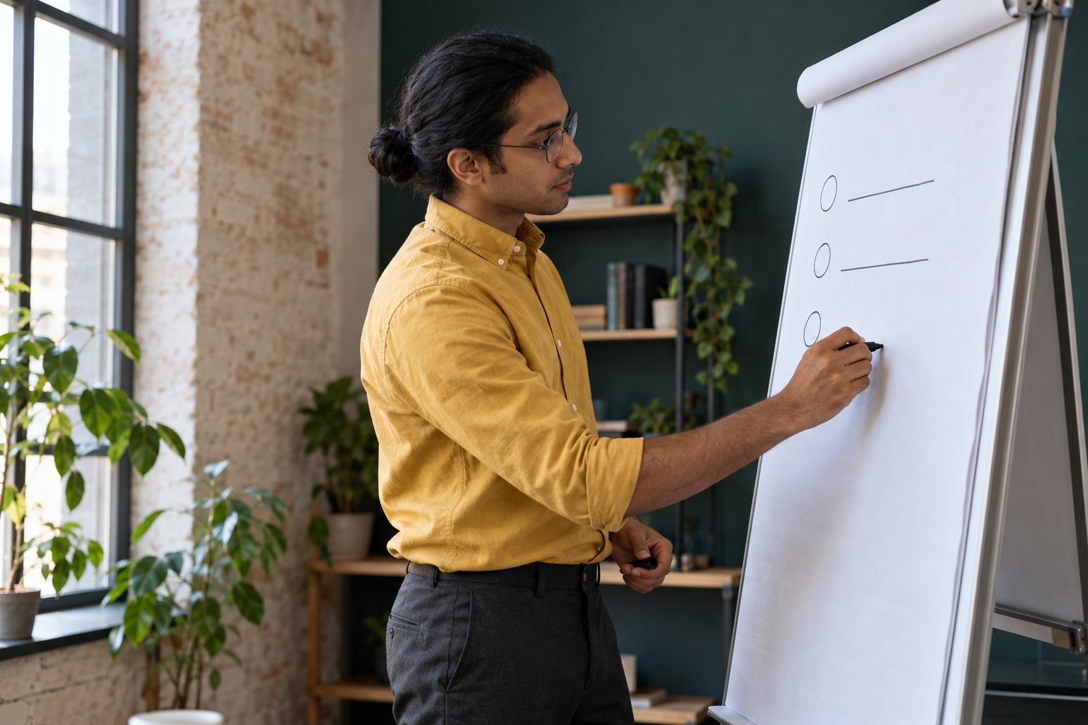 Presenter writing a short next-step checklist on a flip chart at the end of a presentation