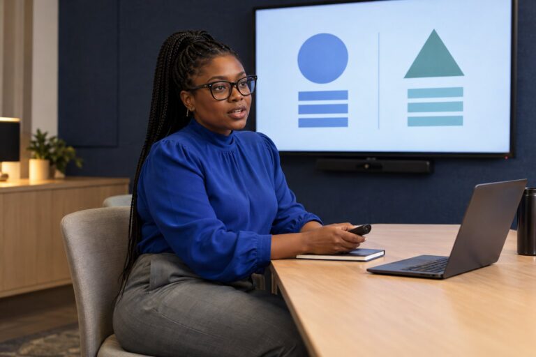 Seated presenter with braided hair explaining a simple comparison graphic without reading the screen