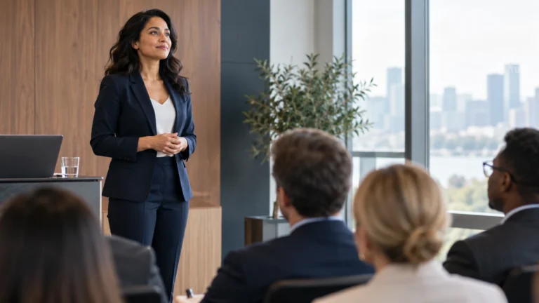 Professional speaker calmly addressing a small audience in a modern conference room