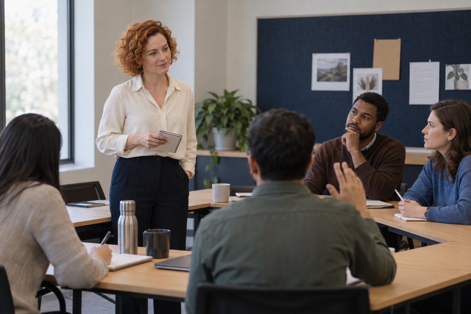 Red-haired facilitator listening to a participant during a small-group workshop
