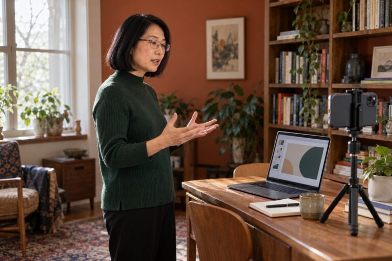 Woman rehearsing a presentation while a smartphone on a tripod records her in a home study