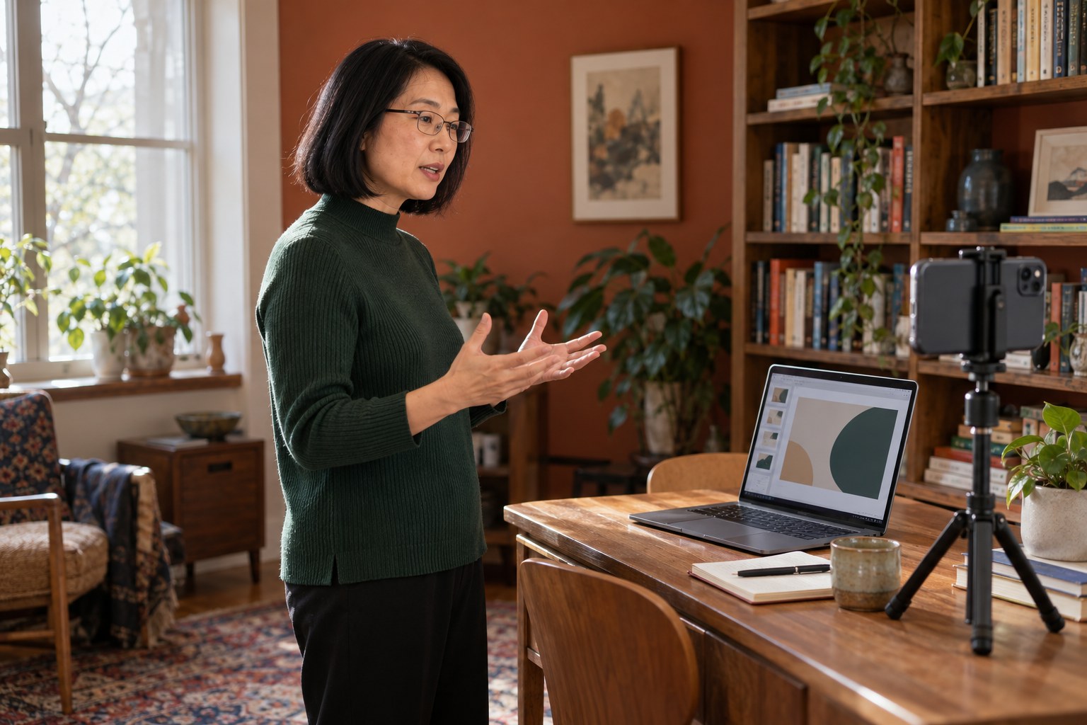 Woman rehearsing a presentation while a smartphone on a tripod records her in a home study