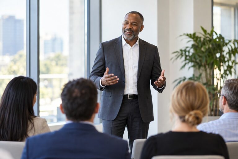 Professional speaker opening a presentation for a small group in a bright training room