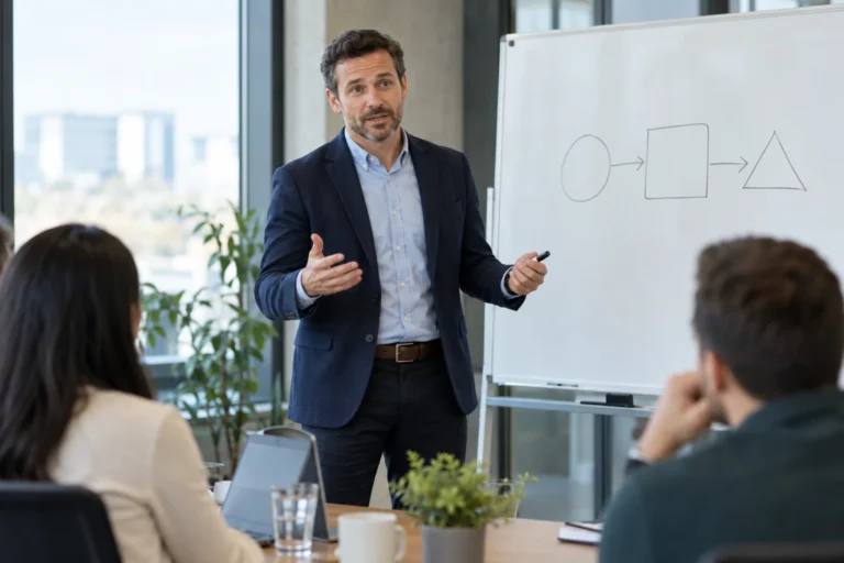 Male presenter explaining a simple three-part structure to colleagues in a meeting room