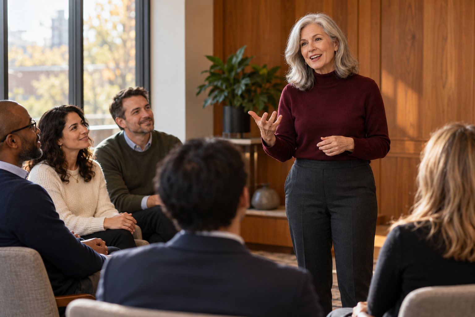 Woman telling a story to an attentive group of professionals in a training workshop