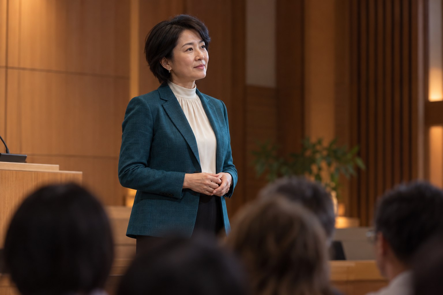 Speaker pausing thoughtfully while addressing an audience in a wood-paneled auditorium